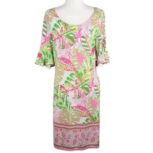 Cappagallo Pink Green Tropical Vacation Travel Flare Sleeve Dress Size Large New
